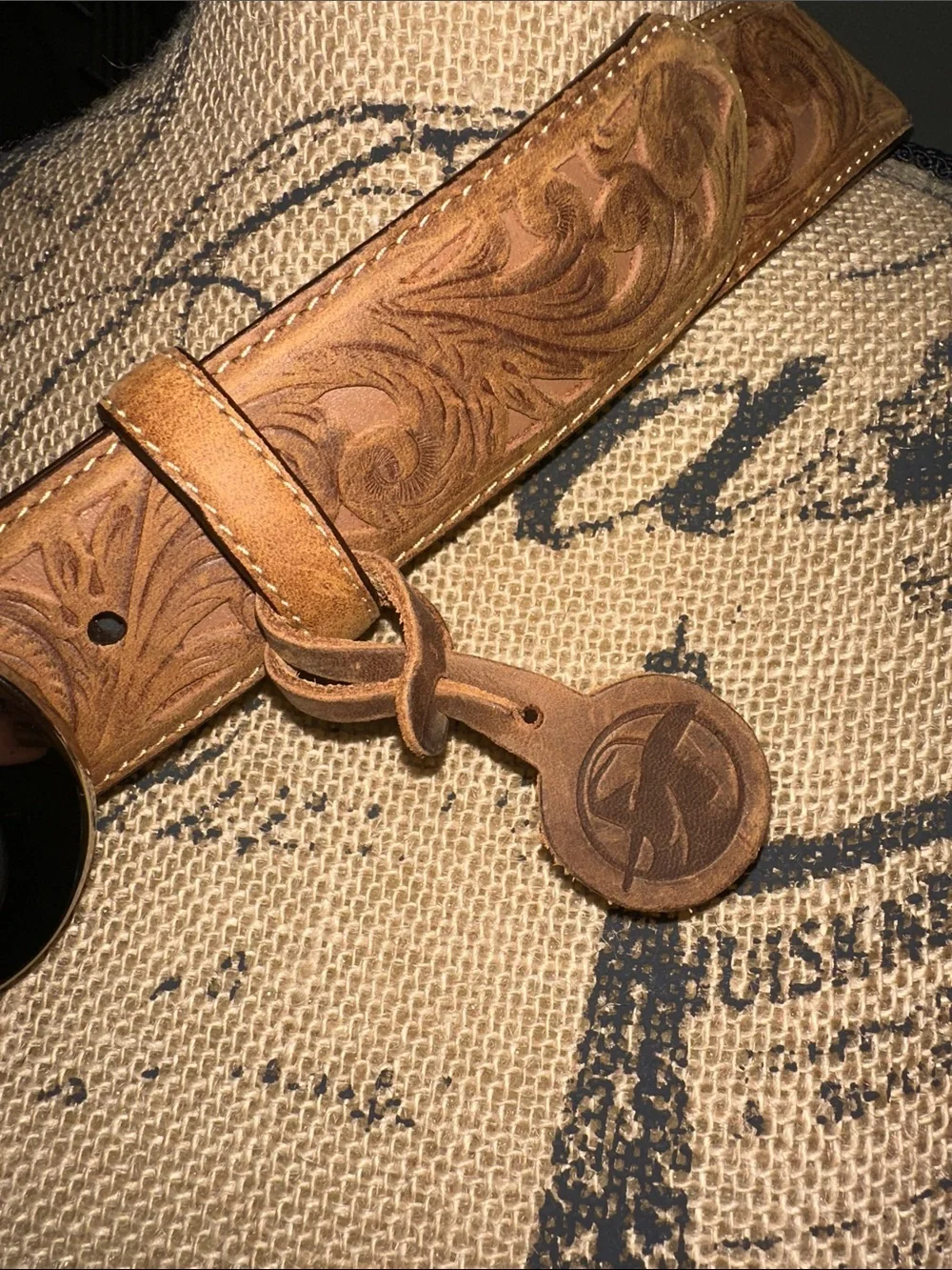 Justin Boots Brown Tooled Leather Belt with Shiny Silver-Tone Round Buckle